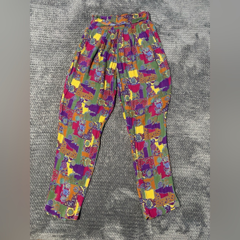 Vintage Kikomo pants, Multicolor Abstract Rayon Pants with Elastic Waist Size S